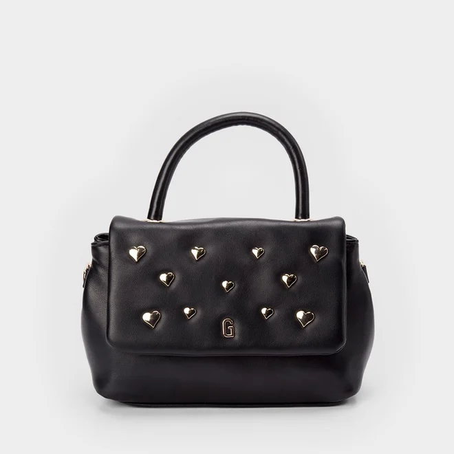 Bolsa Satchel Gabriela Média Transversal Detalhe Tachas Coração Preto