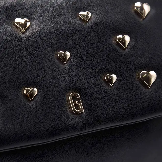 Bolsa Satchel Gabriela Média Transversal Detalhe Tachas Coração Preto