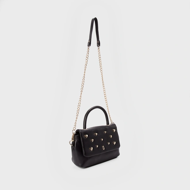 Bolsa Satchel Gabriela Média Transversal Detalhe Tachas Coração Preto
