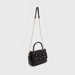 Bolsa Satchel Gabriela Média Transversal Detalhe Tachas Coração Preto