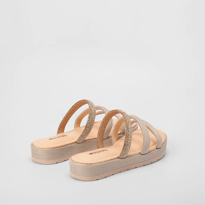 Tamanco Mississipi Flatform Tiras Strass Pedraria Ouro