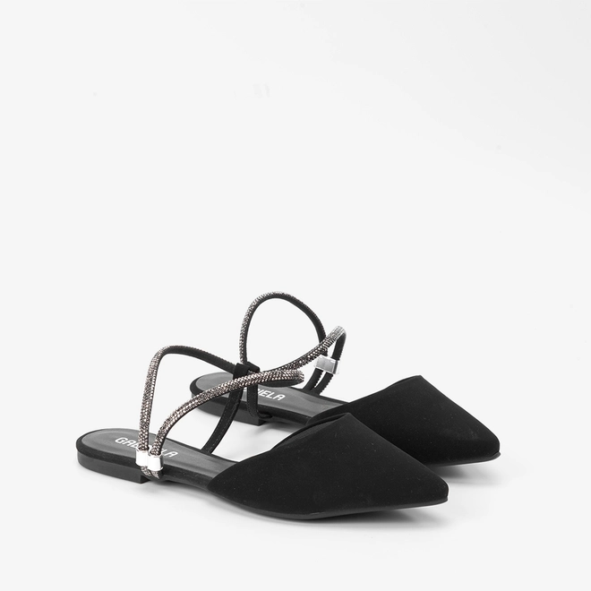 Sapatilha Slingback Feminina Gabriela Tira Strass Nobuck Preto