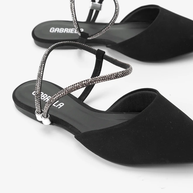 Sapatilha Slingback Feminina Gabriela Tira Strass Nobuck Preto