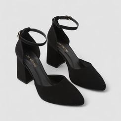 Scarpin Boneca Penélope Aberto Salto Grosso Nobuck Preto