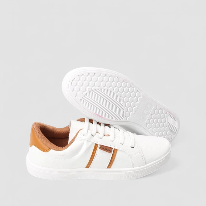 Tênis Casual Feminino Penélope Elástico Recorte Caramelo Branco