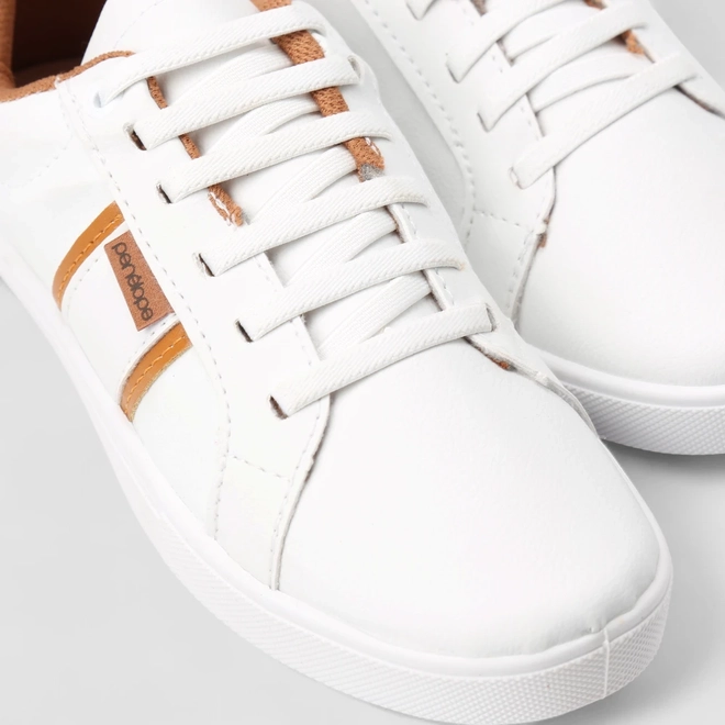 Tênis Casual Feminino Penélope Elástico Recorte Caramelo Branco
