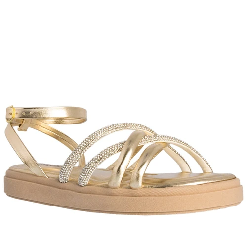 Sandália Gabriela Flatform Tiras Cruzadas Strass Ouro