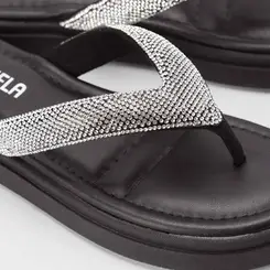Tamanco Gabriela Flatform Tiras Strass Preto