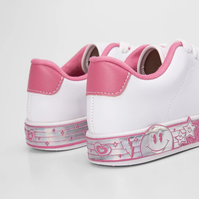 Tênis Infantil Molekinha Casual Glitter Estrelas Branco & Rosa