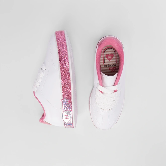 Tênis Infantil Molekinha Casual Glitter Estrelas Branco & Rosa