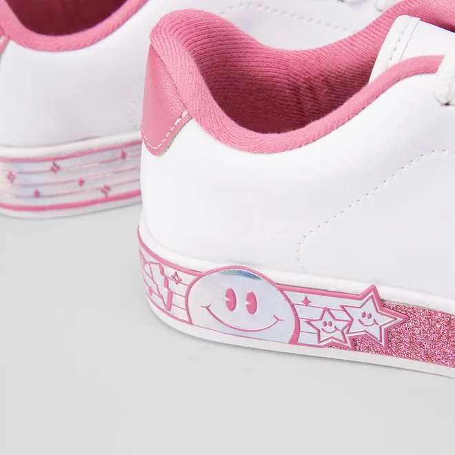 Tênis Infantil Molekinha Casual Glitter Estrelas Branco & Rosa
