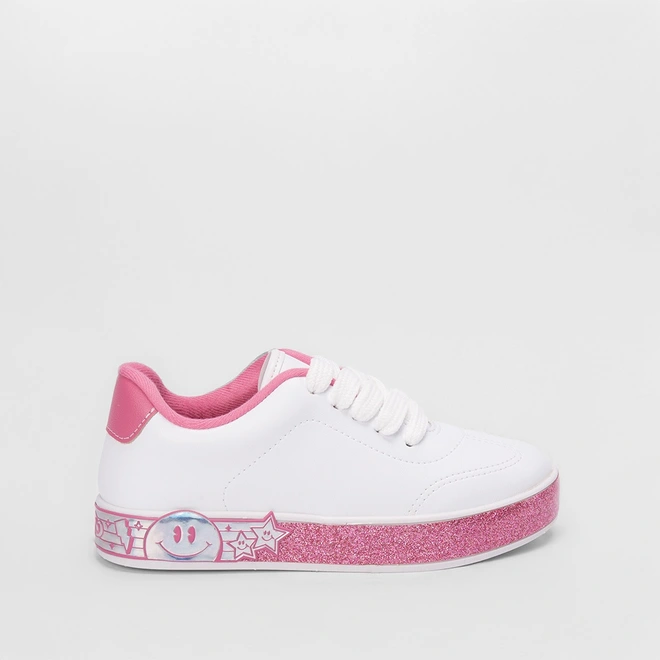 Tênis Infantil Molekinha Casual Glitter Estrelas Branco & Rosa