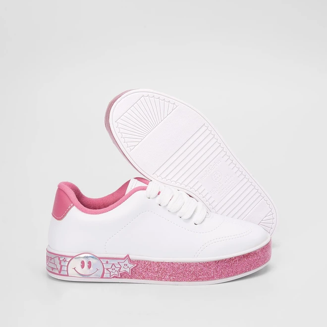 Tênis Infantil Molekinha Casual Glitter Estrelas Branco & Rosa