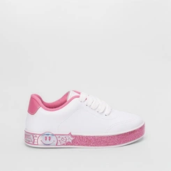Tênis Infantil Molekinha Casual Glitter Estrelas Branco & Rosa