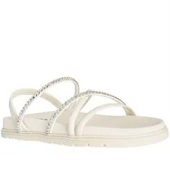 Sandália Rasteira Papete Gabriela Flat Tiras Pedrarias Off White