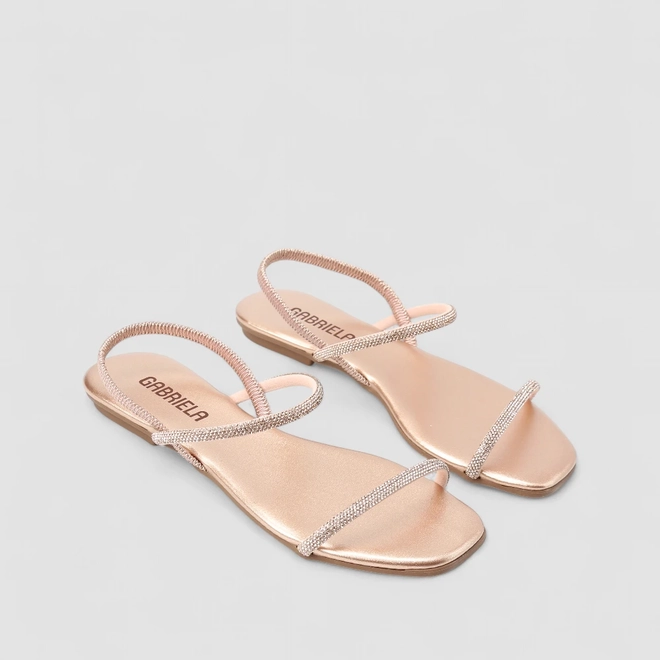 Sandália Rasteira Gabriela Elástico Strass Rose Gold
