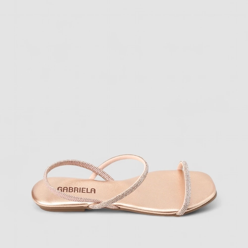 Sandália Rasteira Gabriela Elástico Strass Rose Gold