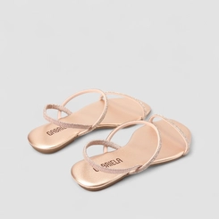 Sandália Rasteira Gabriela Elástico Strass Rose Gold