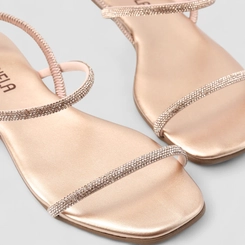 Sandália Rasteira Gabriela Elástico Strass Rose Gold