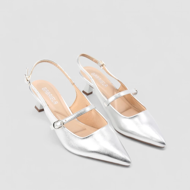Scarpin Boneca Slingback Gabriela Salto Taça Fivelas Prata