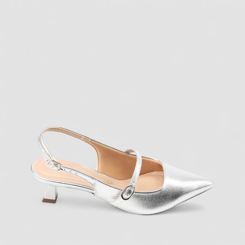 Scarpin Boneca Slingback Gabriela Salto Taça Fivelas Prata