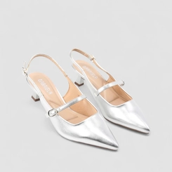 Scarpin Boneca Slingback Gabriela Salto Taça Fivelas Prata