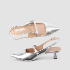 Scarpin Boneca Slingback Gabriela Salto Taça Fivelas Prata