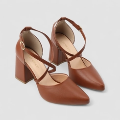 Scarpin Feminino Penélope Salto Bloco Tiras Cruzadas Caramelo