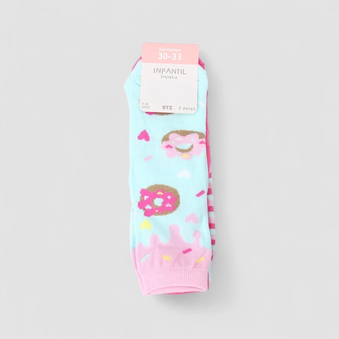 Kit Meia Infantil STZ Donuts 3 Pares 7-10 Azul & Rosa