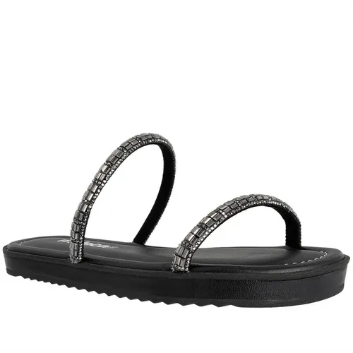 Rasteira Moleca Flat Tira Dupla Pedrarias Strass Preto