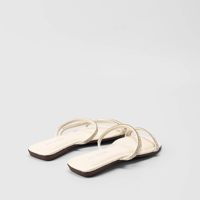 Rasteira Penélope Tiras Strass Pespontos Off White