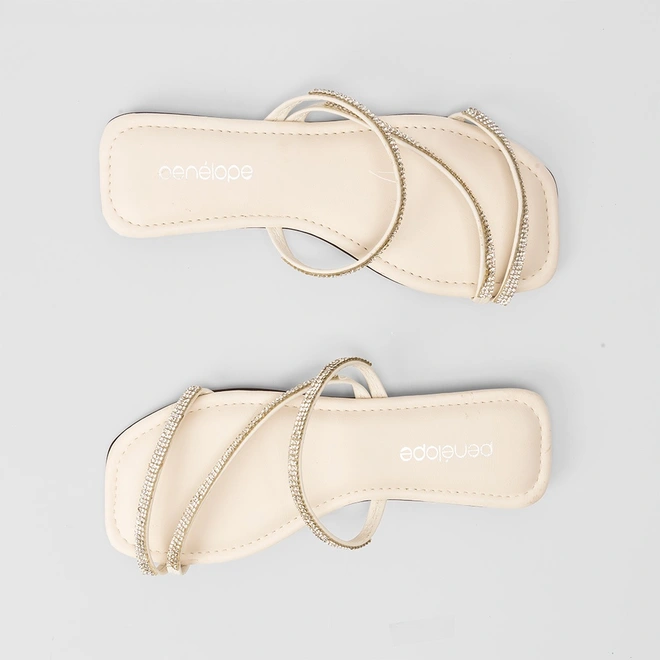 Rasteira Penélope Tiras Strass Pespontos Off White
