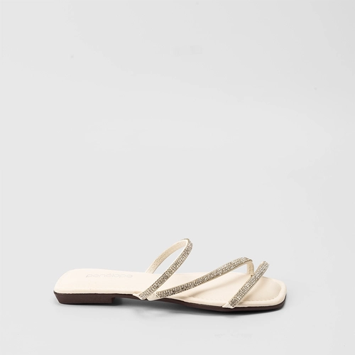 Rasteira Penélope Tiras Strass Pespontos Off White
