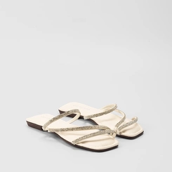 Rasteira Penélope Tiras Strass Pespontos Off White