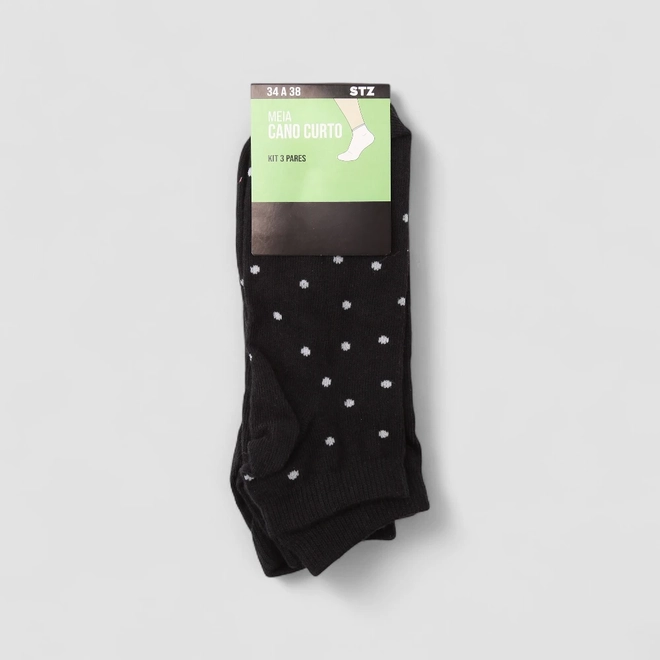 Kit Meia STZ Cano Curto Poá 3 Pares 34-38 Preta