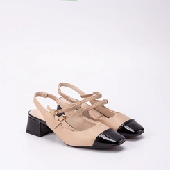 Scarpin Slingback Bebecê Salto Bloco Recorte Fivelas Verniz Nude