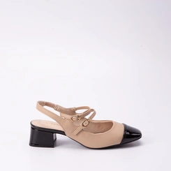 Scarpin Slingback Bebecê Salto Bloco Recorte Fivelas Verniz Nude