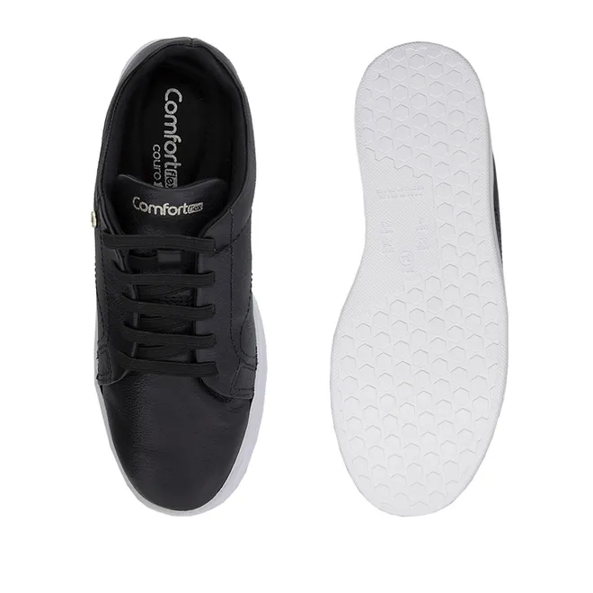 Tênis Comfortflex Casual Couro Feminino Pespontos Preto