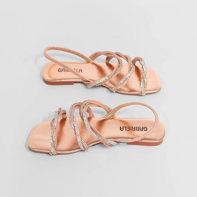 Sandália Rasteira Gabriela Tira Tripla Entrelaçadas Strass Rose Gold