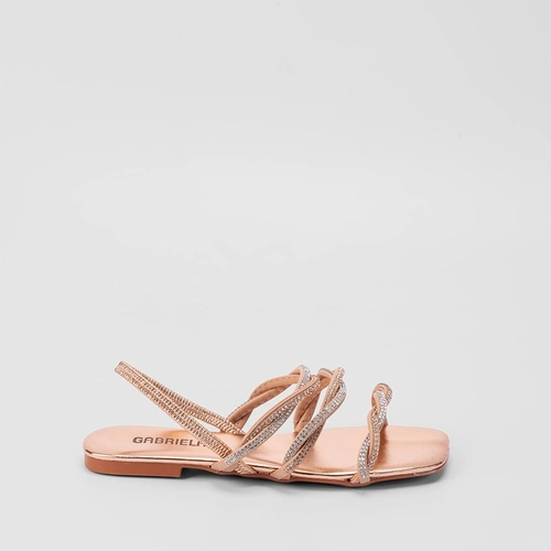 Sandália Rasteira Gabriela Tira Tripla Entrelaçadas Strass Rose Gold