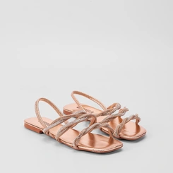 Sandália Rasteira Gabriela Tira Tripla Entrelaçadas Strass Rose Gold