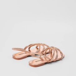 Sandália Rasteira Gabriela Tira Tripla Entrelaçadas Strass Rose Gold