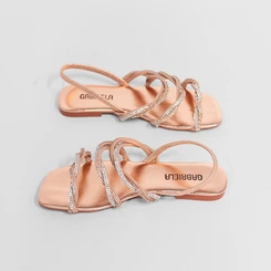 Sandália Rasteira Gabriela Tira Tripla Entrelaçadas Strass Rose Gold