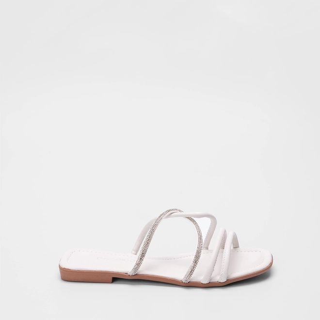 Rasteira Penélope Tiras Entrelaçadas Detalhe Strass Off White