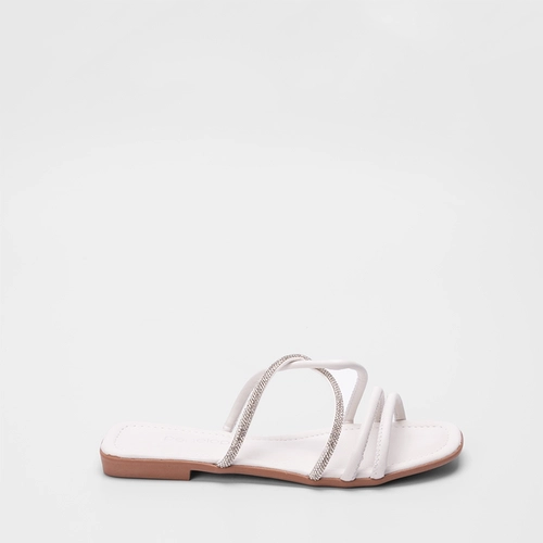 Rasteira Penélope Tiras Entrelaçadas Detalhe Strass Off White