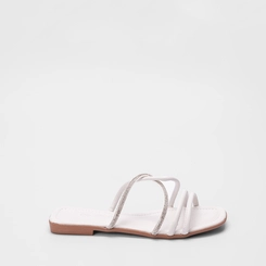 Rasteira Penélope Tiras Entrelaçadas Detalhe Strass Off White