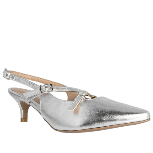 Scarpin Slingback Gabriela Salto Fino Tiras Cruzadas Metalizada Prata