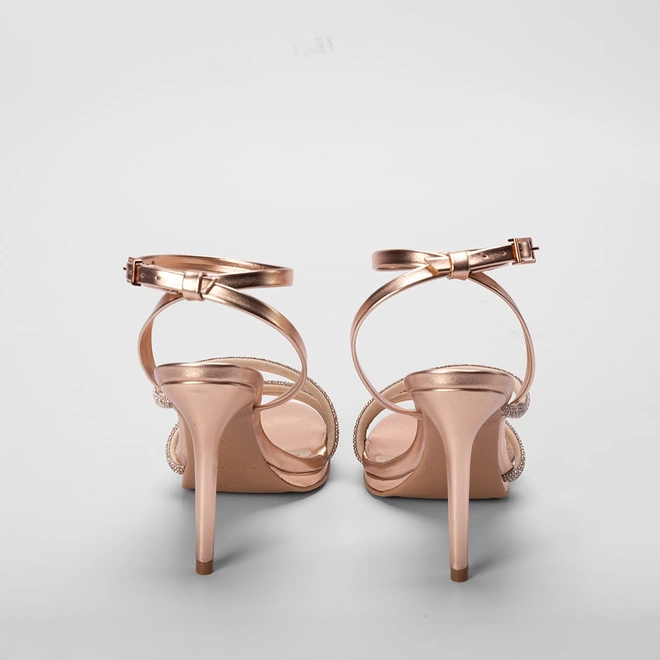 Sandália Gabriela Salto Fino Tiras Strass Rose Gold