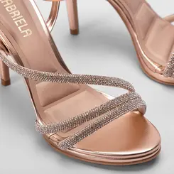Sandália Gabriela Salto Fino Tiras Strass Rose Gold