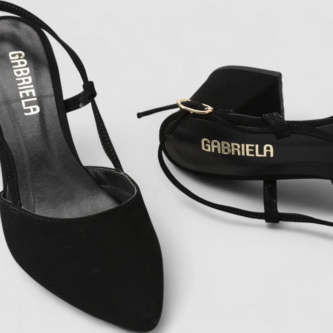 Scarpin Slingback Feminino Gabriela Salto Geométrico Nobuck Preto